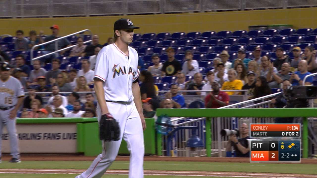 Conley has another no-hit bid on high-pitch night
