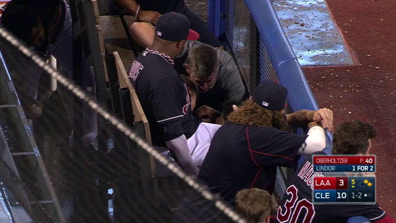 Santana gets hit by foul ball