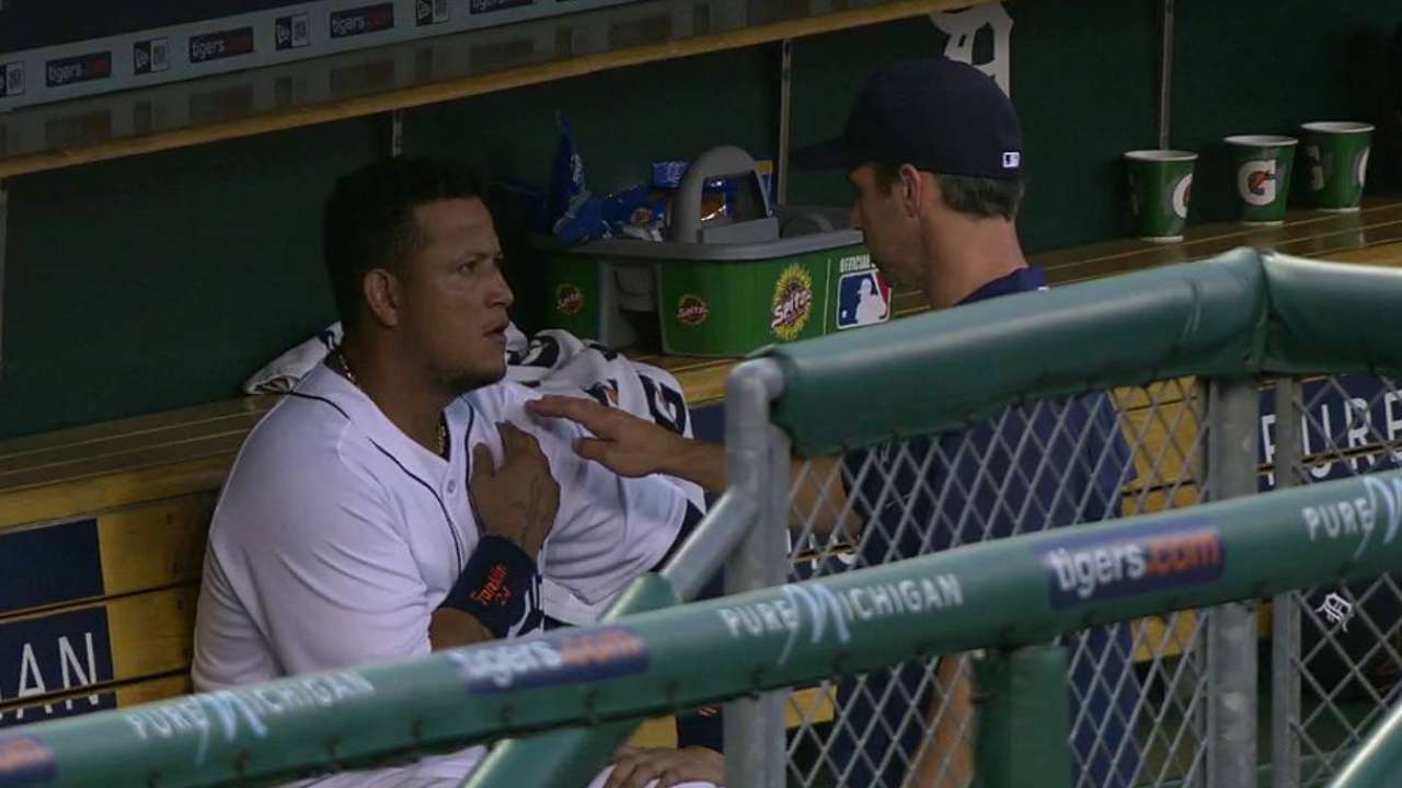 Miggy leaves with bicep strain