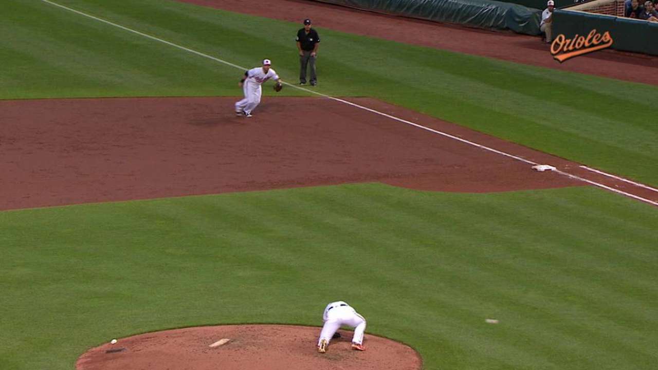 Bundy slips off mound, stays in