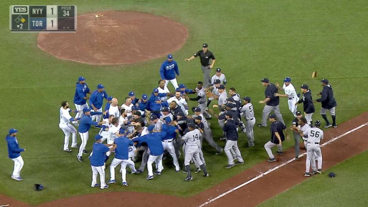 Yanks, Blue Jays clear benches twice