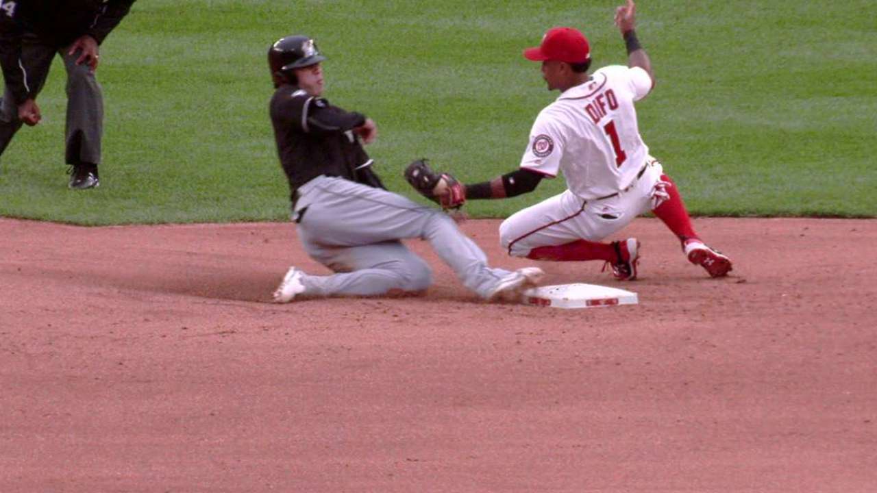 Yelich steals second base