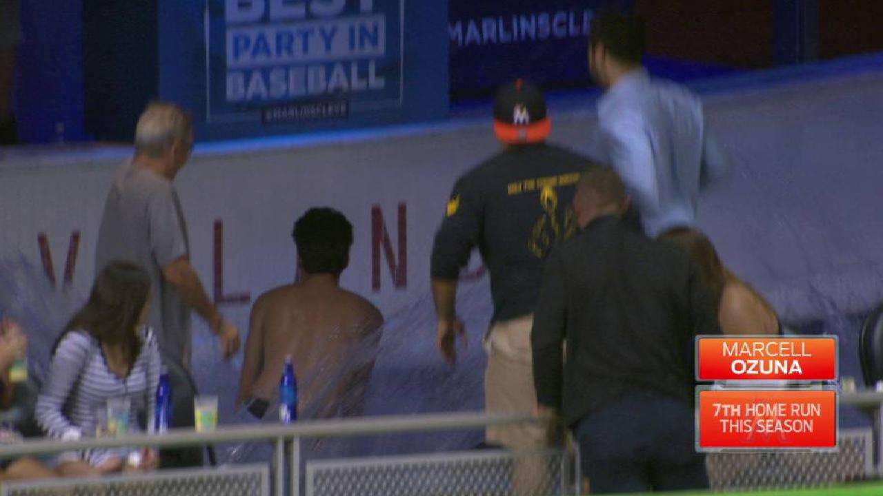 Fan dives into pool for ball
