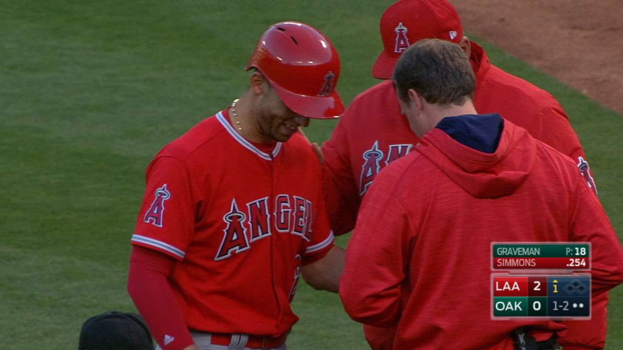 Simmons hit by pitch on hands, exits vs. A's