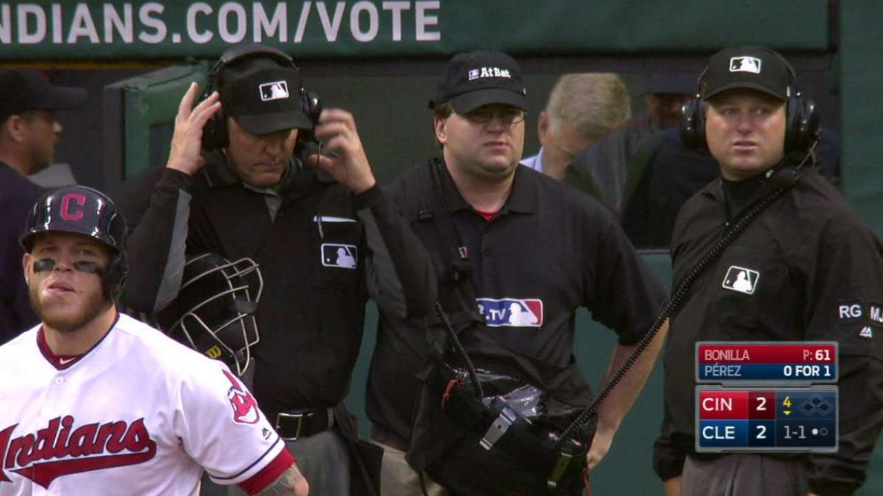 Umpires review Perez's foul ball