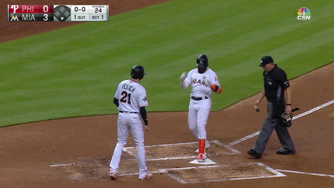 Image result for Marcell Ozuna lines an opposite-field two-run home run over the wall in right field to extend the Marlins' lead to 3-0 in the 1st