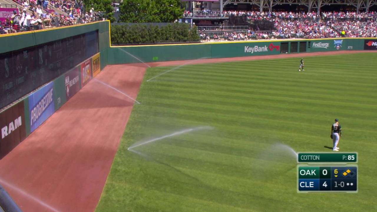 Spray delay: Sprinklers go off in Tribe-A's 6th