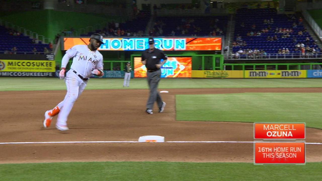 Ozuna, Stanton homer as Marlins 3-hit A's