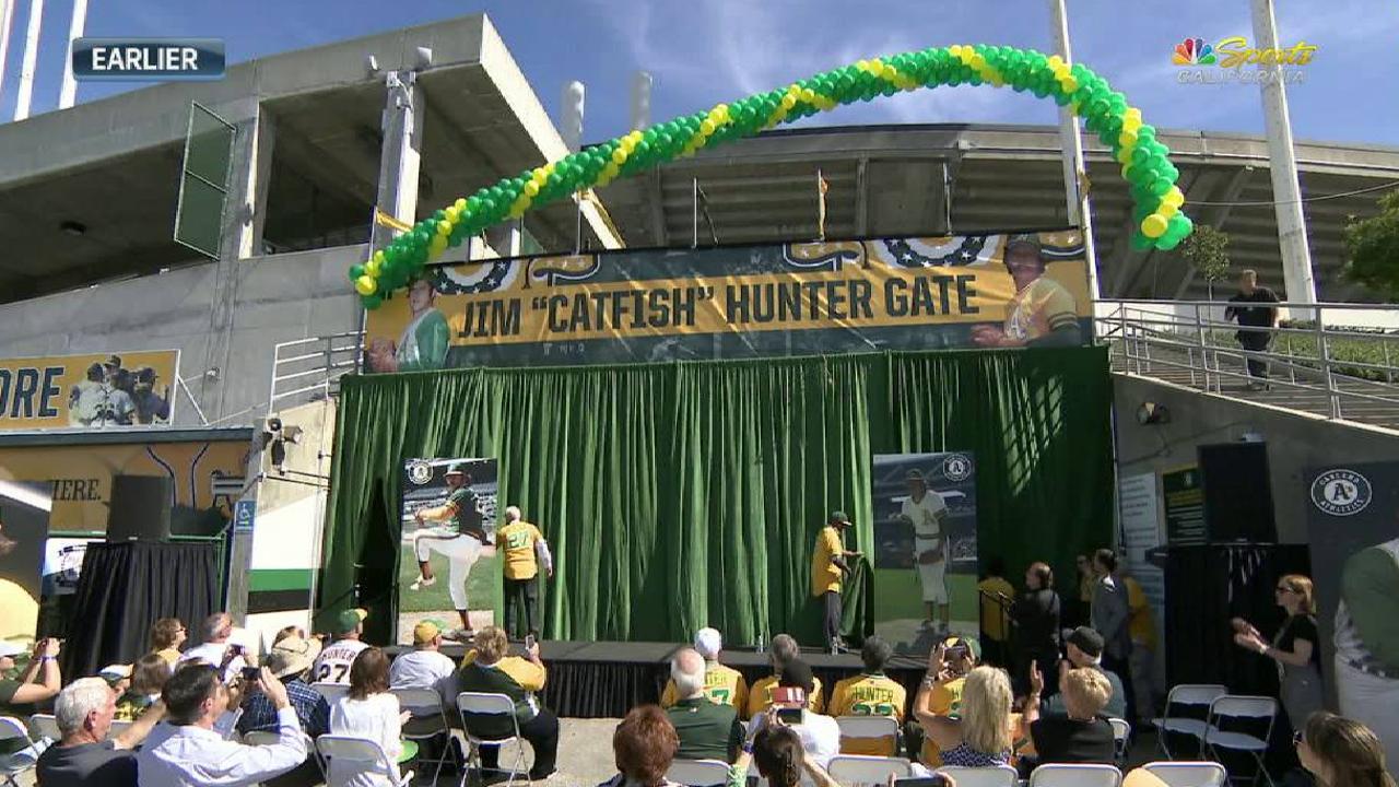 A's unveil Catfish Hunter Gate at Coliseum