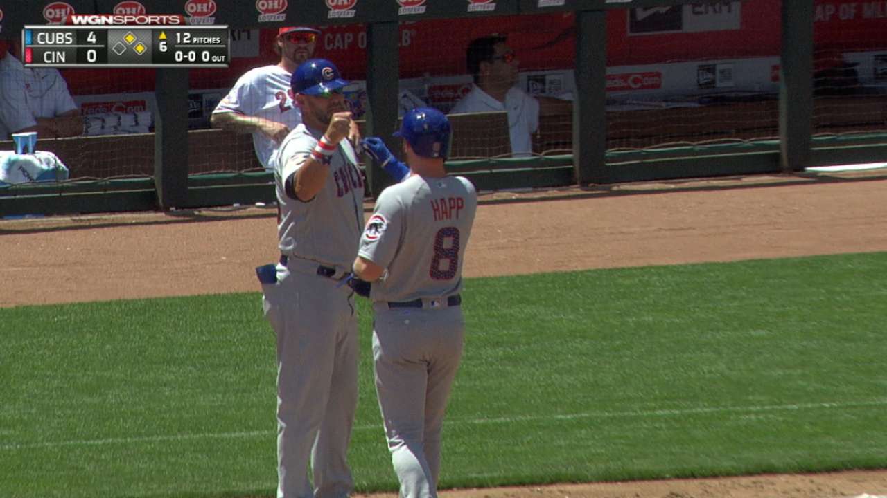 Happ homers twice, goes 3-for-4