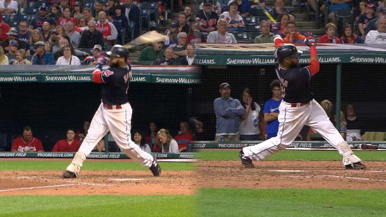 Santana HRs as lefty, righty; Indians rolling