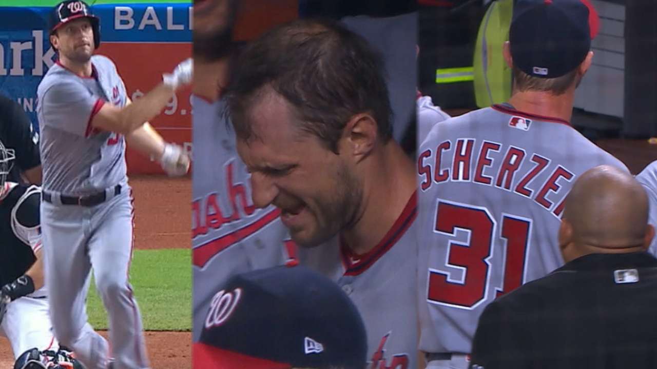 Scherzer hits homer, later exits