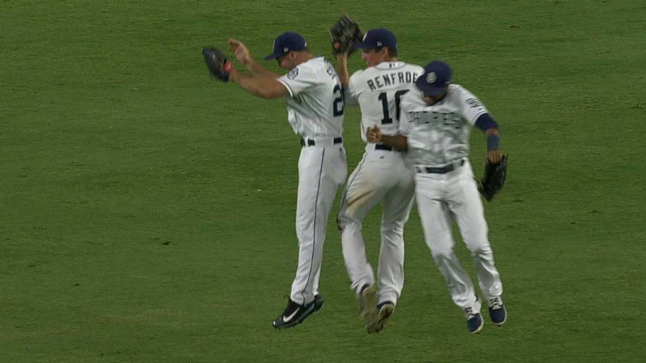 Hand induces fly out, earns save