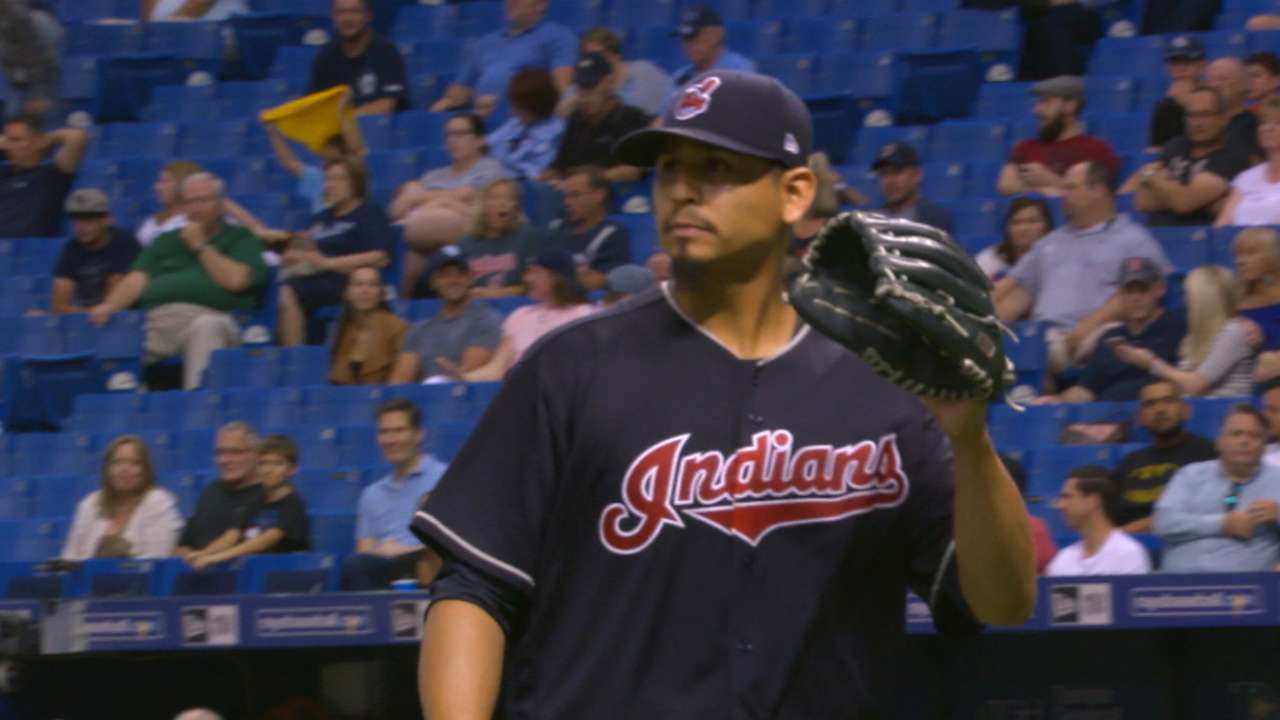 Carrasco flirts with no-no in Tribe's win vs. Rays