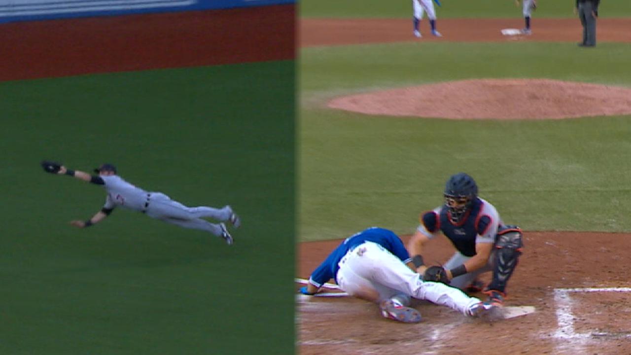 Romine makes 4-star grab, nabs runner at home