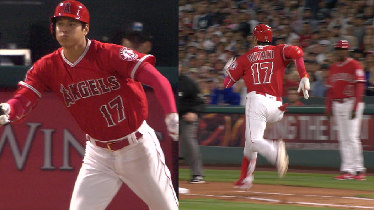 Ohtani breaks bat, tweaks ankle