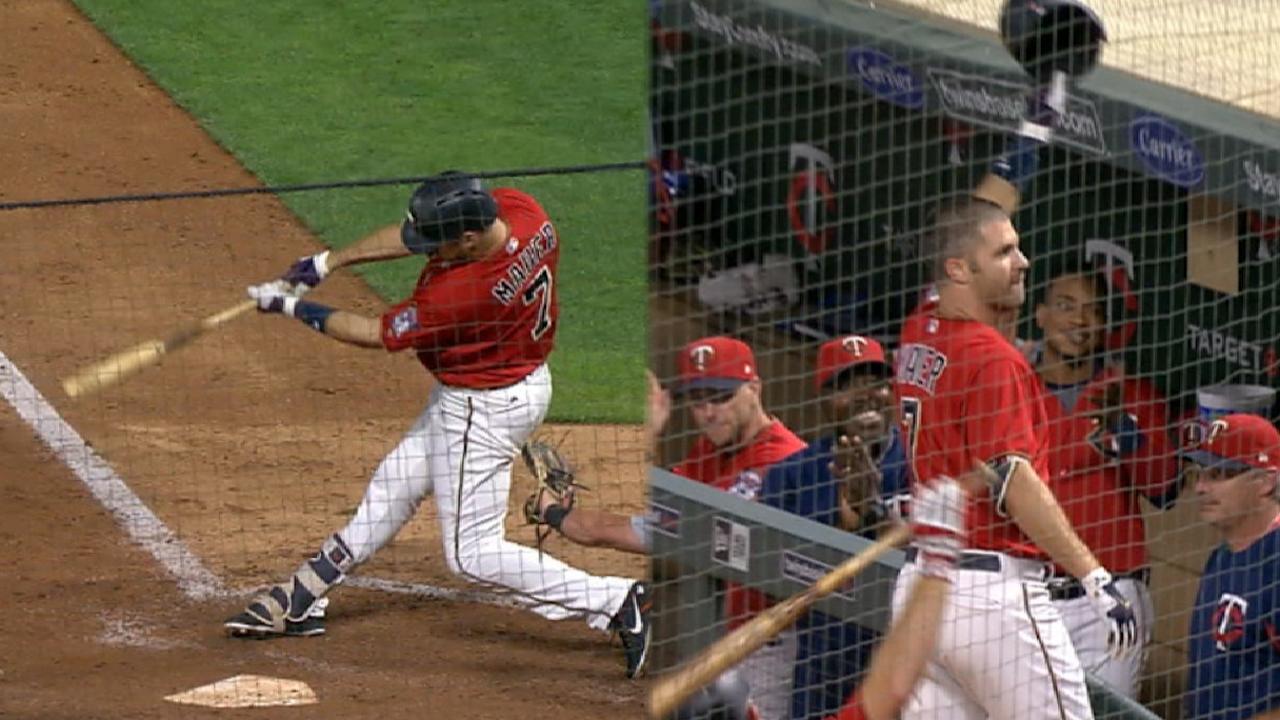 Twins catcher Joe Mauer #7 hits a game tying home run in the top of the 9th  inning during the game between the Minnesota Twins vs Philadelphia Phillies  at Citizens Bank Park